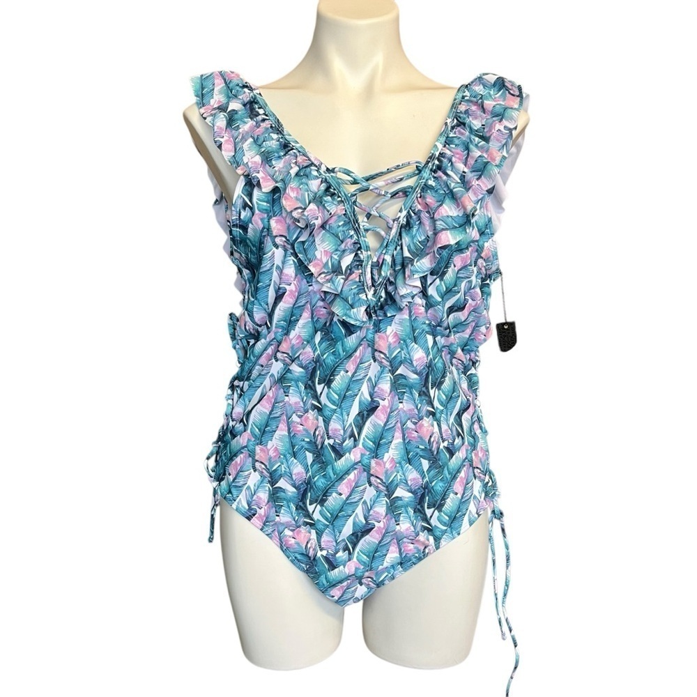 XOXO One Piece Swimsuit 3X Tropical Floral Pink Green Ruffle Lace Up New
